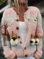 Vintage Fuzzy Sheep Pink Landscape Cozy Cardigan