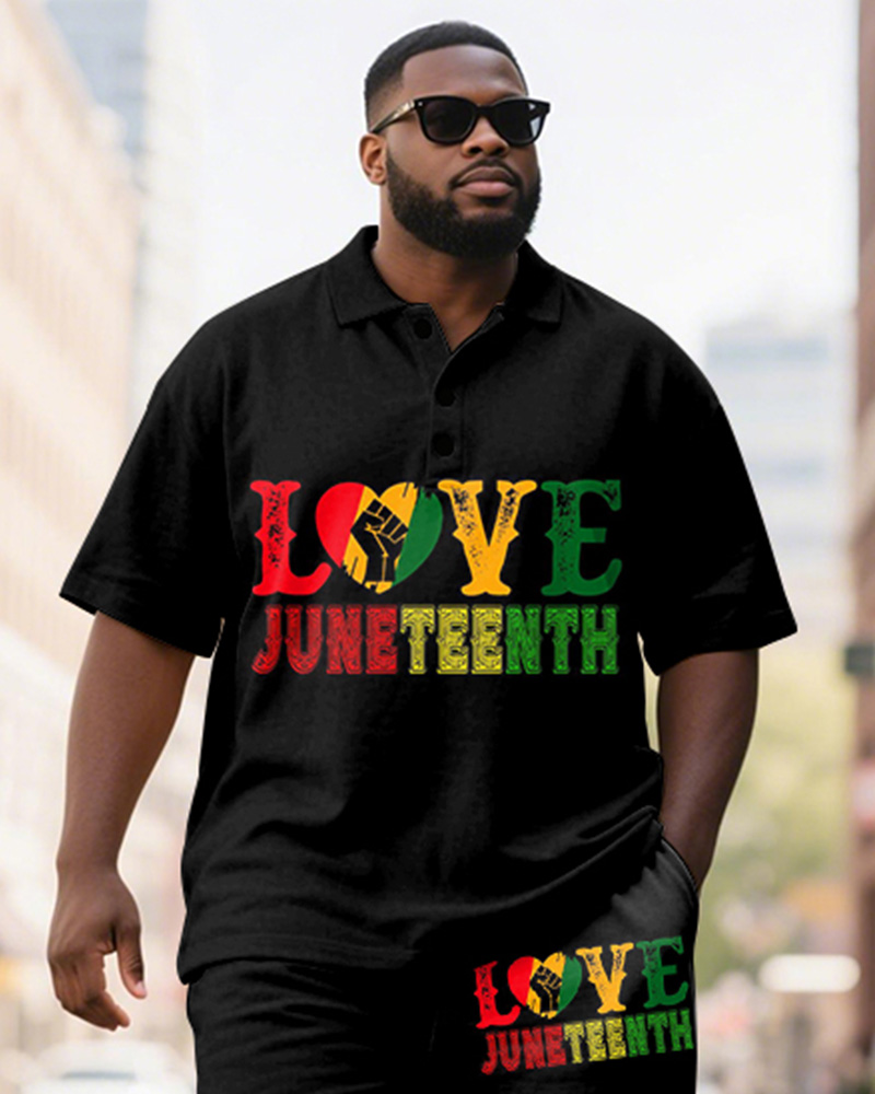 Men's Plus Size Juneteenth Colorblock Alphabet Print Short Sleeve Polo Shirt Shorts Suit