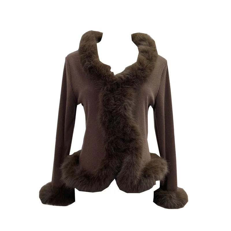 Uveng Real Shooting Babes V Collar Hair Spliced Knitted Cardigan Women Autumn And Winter Decoration Slim Coat Temperament Coat 2676