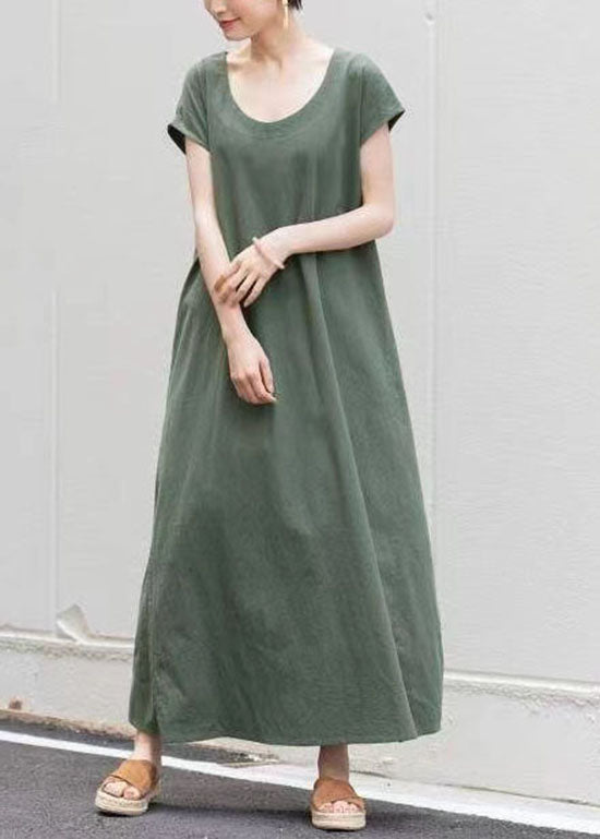 VCSHOES Green O Neck Patchwork Cotton Dress Short Sleeve