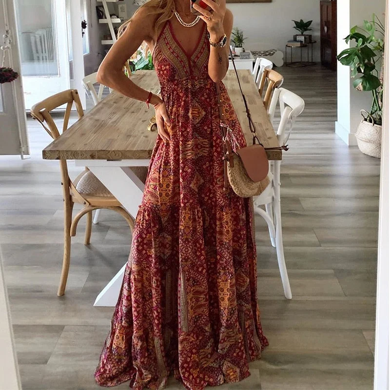 wsevypo Vintage Paisley Print Suspender Beach Dress Summer Boho Women Ladies Spaghetti Straps Maxi Ruffles Sundress Backless