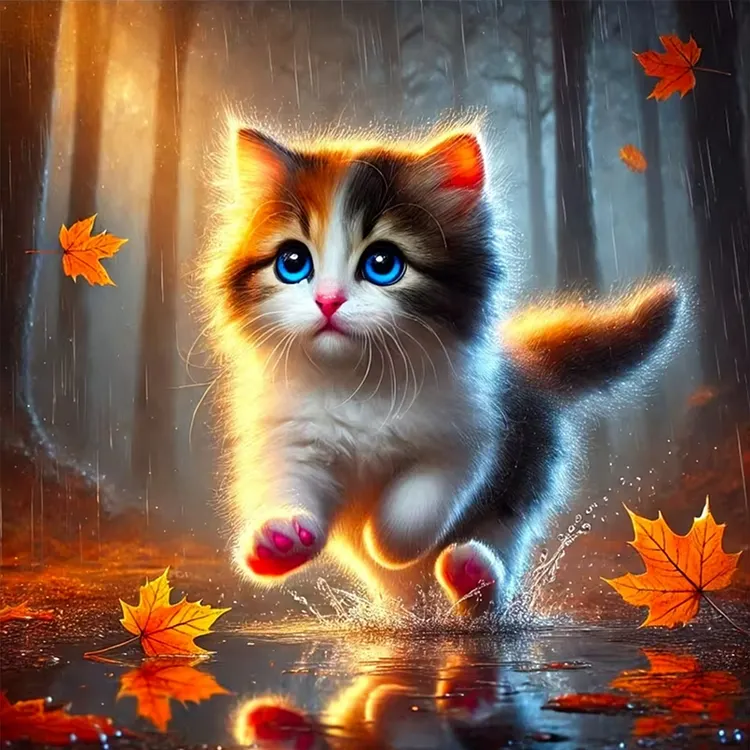 Maple Leaf Kitten 40*40cm(canvas) Full Round Drill Diamond Painting gbfke