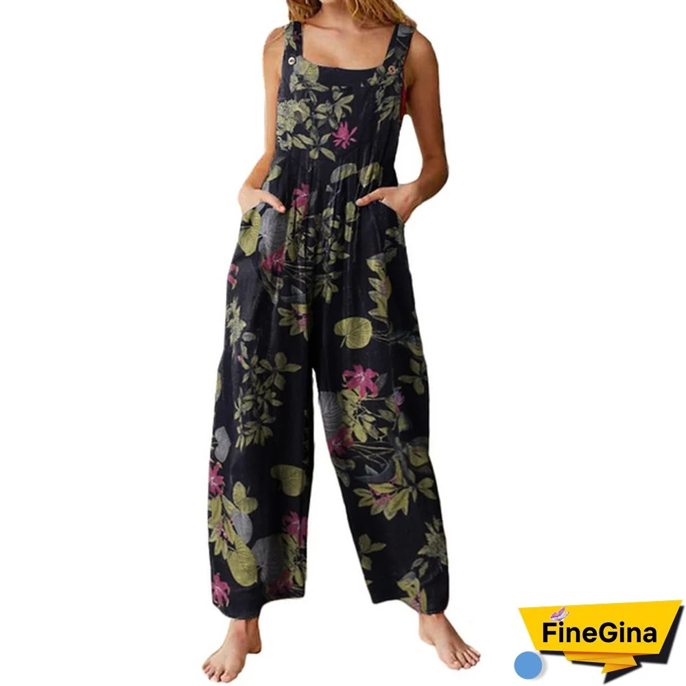 Women Sleeveless Floral Print Cotton Jumpsuits Vintage Bib Pants Long Trousers Plus Size Summer Palazzo Overalls Dungarees