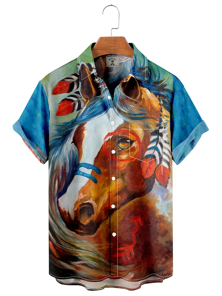 Men's Vintage Western Horse Print Short Sleeve Shirt