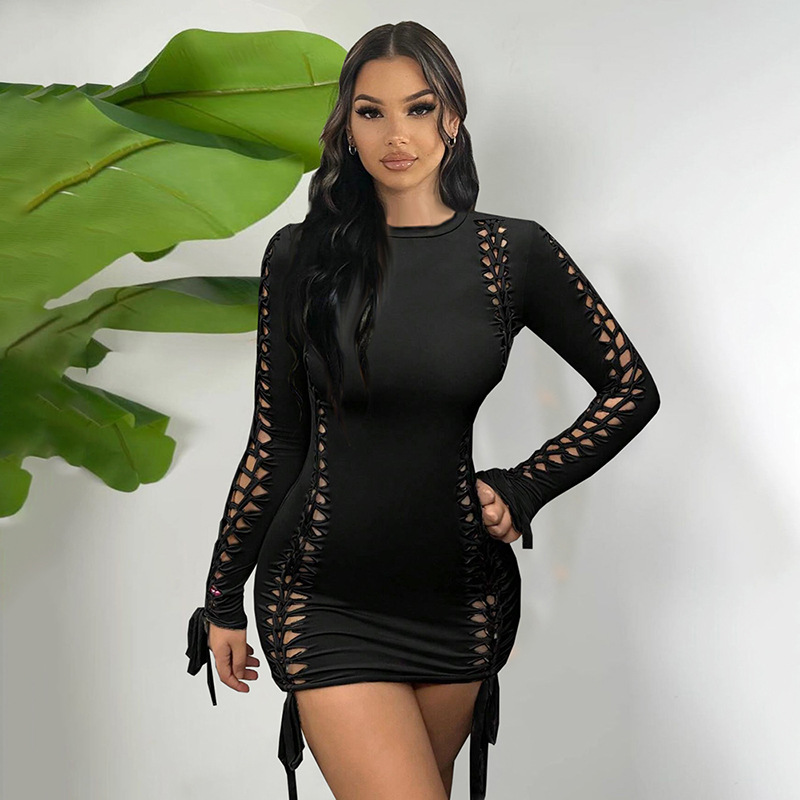 Kanonion Sexy Hollow Out Long Sleeve Women Mini Dress Fashion Twist Lace Up Round Neck Drawstring Bodycon Party Club Fishnet Dresses