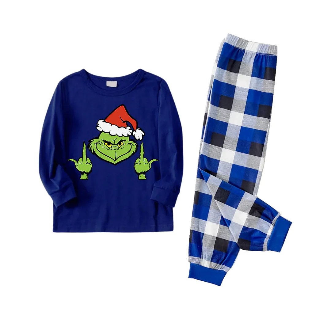 Christmas Green Cartoon Character With Santa Hat Pattern Print Blue Top And Blue & White Pants Family Matching Pajamas
