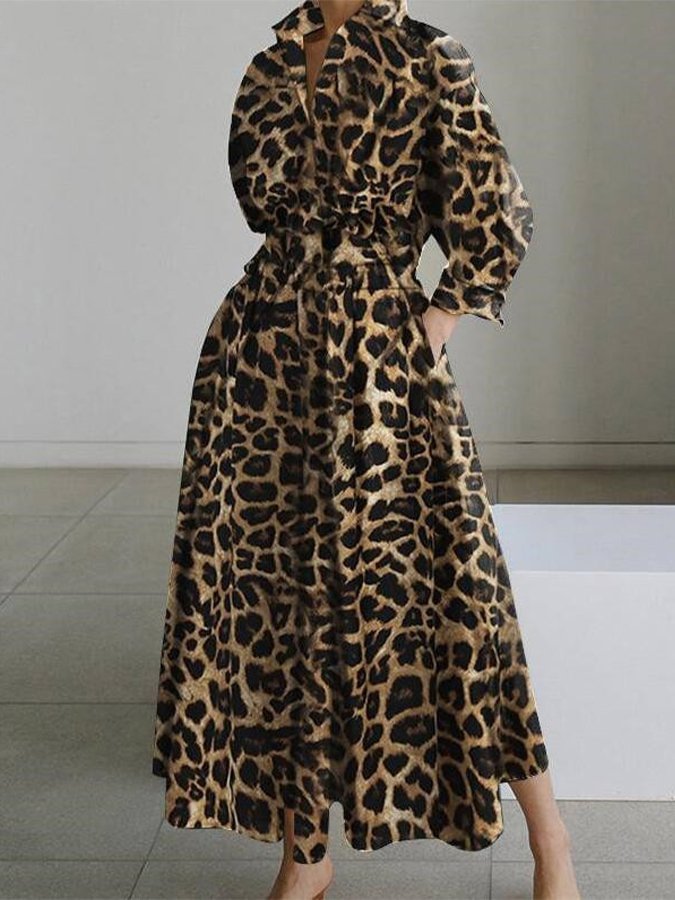 Women's Leopard Print Nipped Waist Shirt Dress