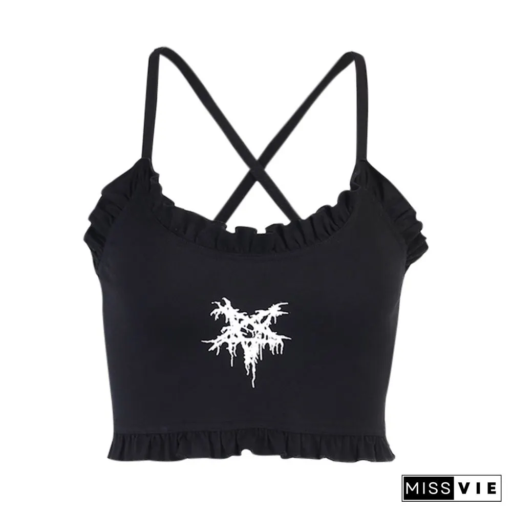 Goth Cross Print Lace Bodycon Crop Tops Camis Sexy Y2K Aesthetic Black Red Basic Corset Tank Top Summer Clothes For Women Girls