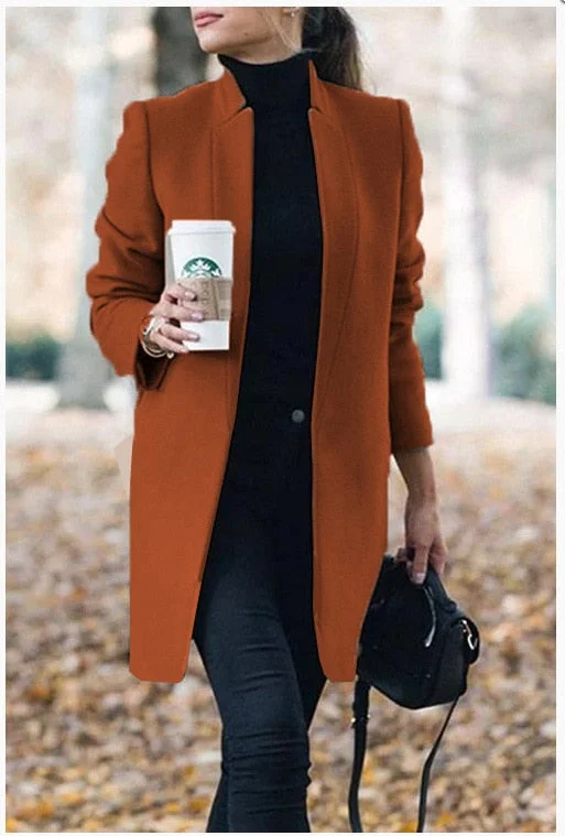 New fashion mid-length coat Slim solid color stand-up collar woolen autumn and winter women's jacket