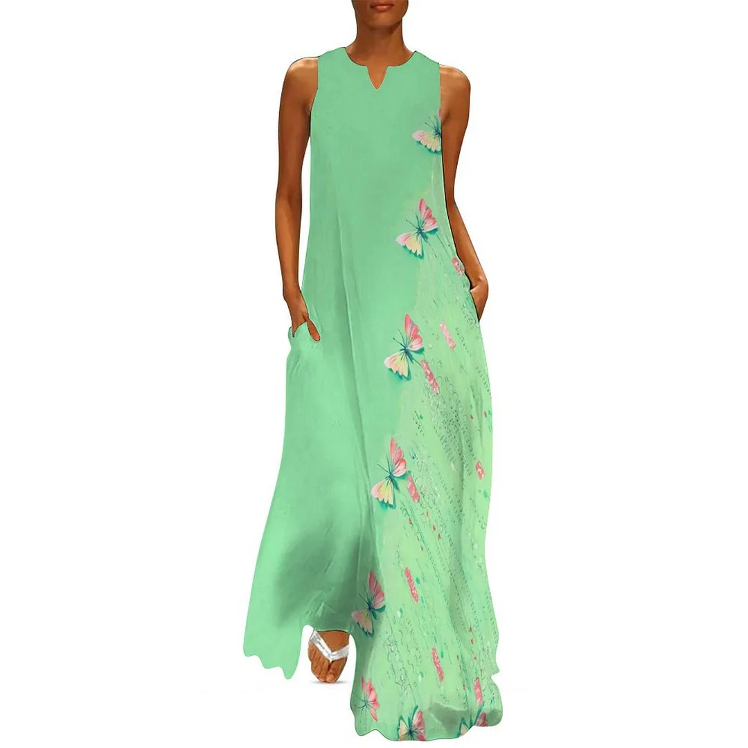 Style & Comfort for Mature Women Plus Size Printed Sleeveless Casual Women Maxi Dress with Pockets in Pattern Mint green, Butterfly, Glitter, Pink