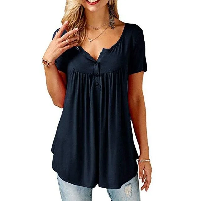 Aswinfon Women Short Sleeve T-Shirt Summer Casual Pleated V Neck Button Up Solid Color Ladies Tunic Tops