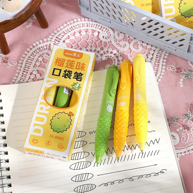 Journalsay 3 Pcs/set Kawaii Durian Flavor Pocket Creative Fruit Gel Pen Set 0.5mm Black