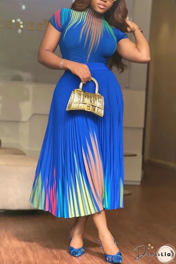 Pleated Print Short Sleeve Midi Dresses