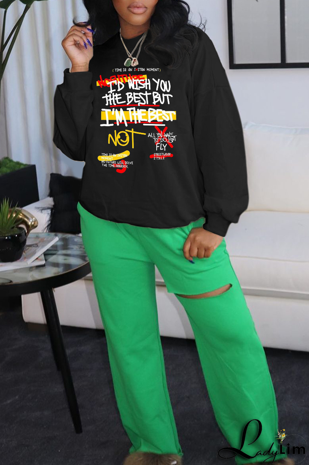 Black Casual Daily Print Patchwork Letter O Neck Tops