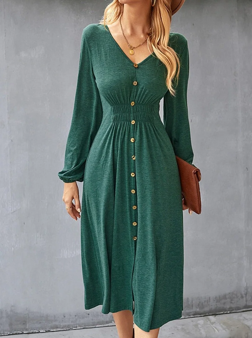 Fall/Winter A-Line Solid Color V-Neck Dress Black Dresses