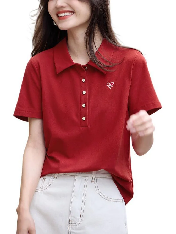 Athvotar Athvotar Vintage Red Elegant POLO T-Shirt 2025 Summer New Commuting Shoulder Slim T-Shirt