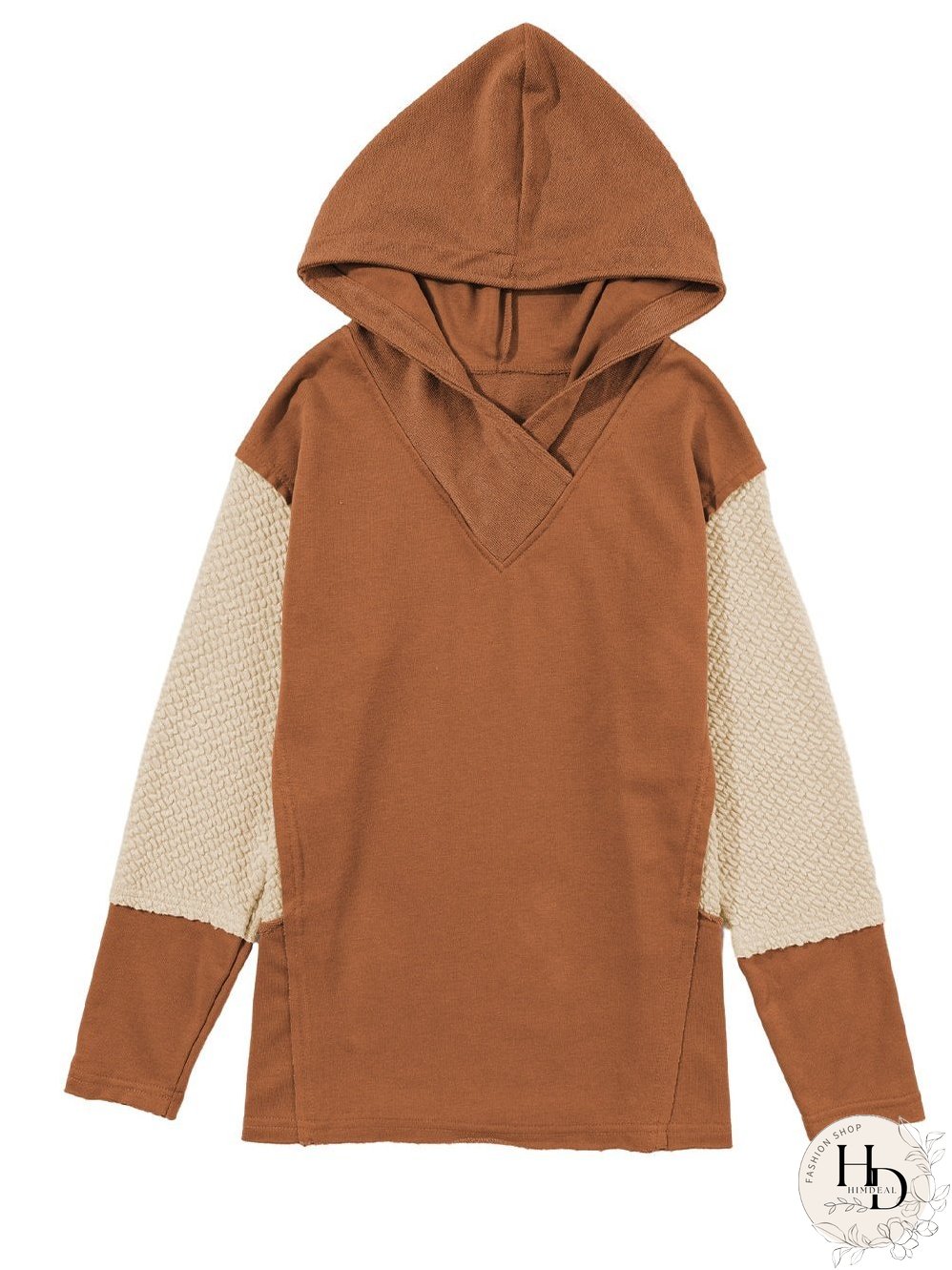 Chestnut Patchwork Colorblock Hoodie with Contrast Sleeves