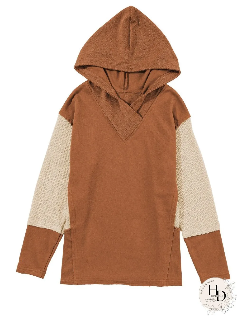 Chestnut Patchwork Colorblock Hoodie with Contrast Sleeves