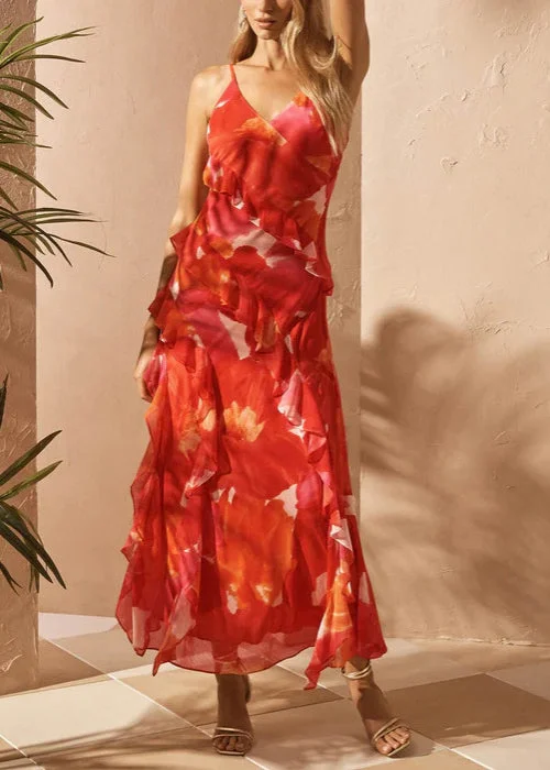Beautiful Red V Neck Ruffled Print Chiffon Spaghetti Strap Dress Sleeveless