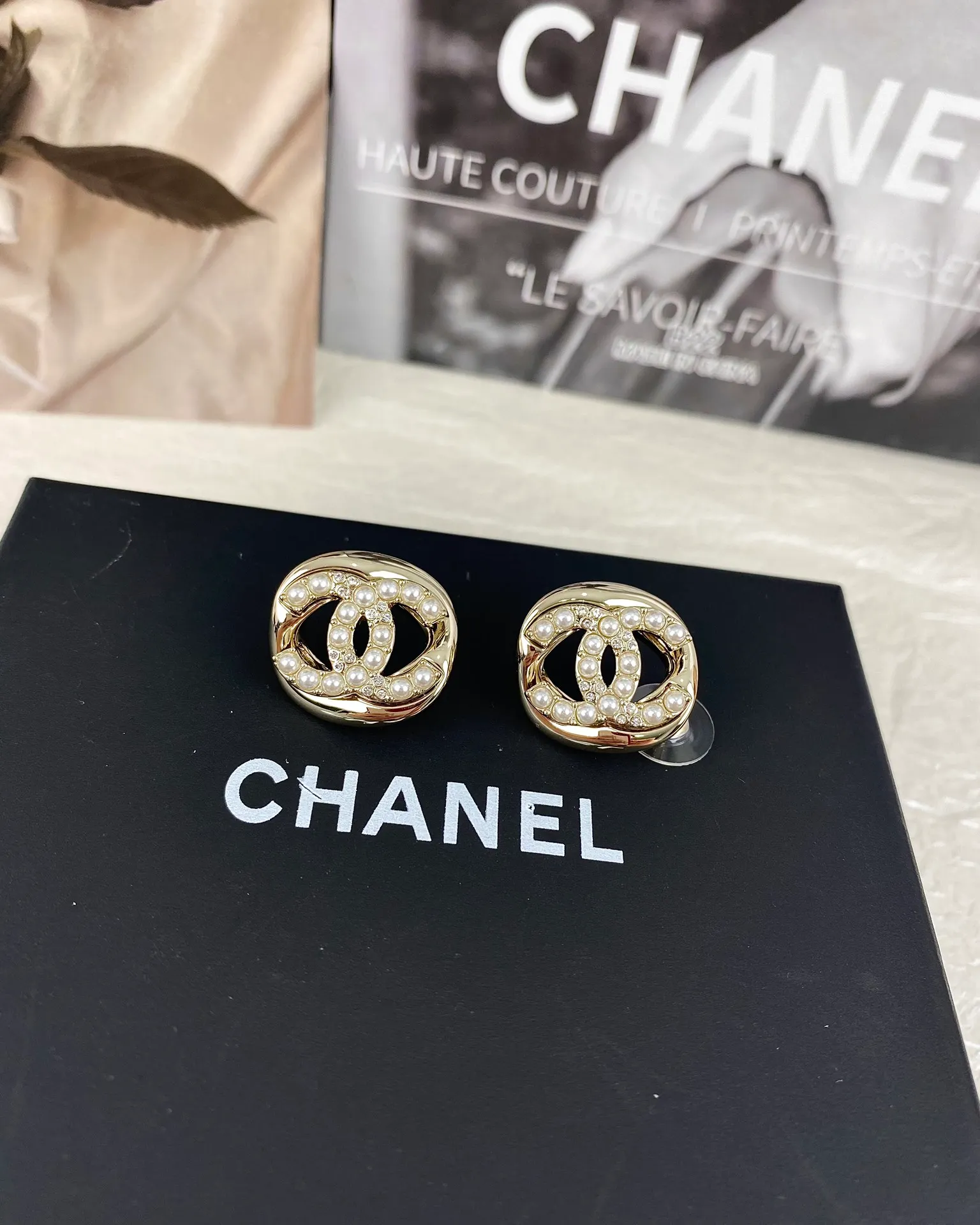 Chanel Diamond and Pearl  CC Pearl Stud Earrings