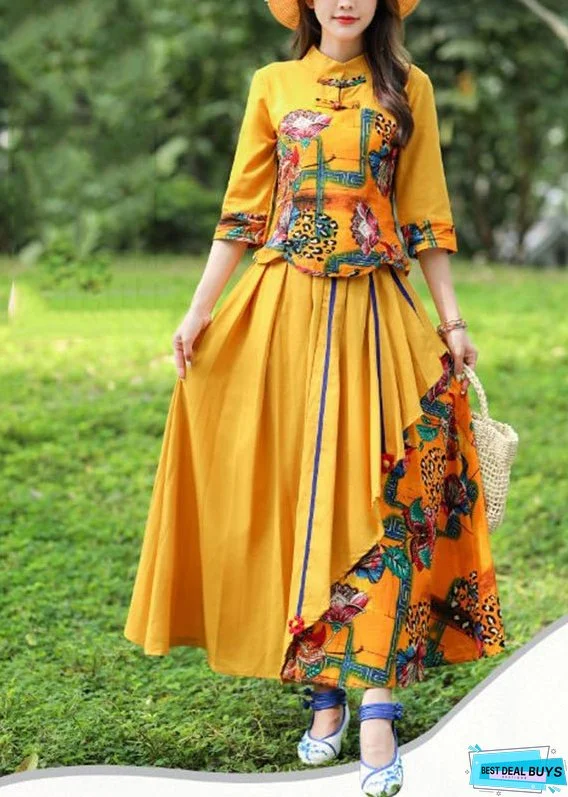 Stylish Yellow O-Neck Print Top And Skirts Two Piece Set Fall
