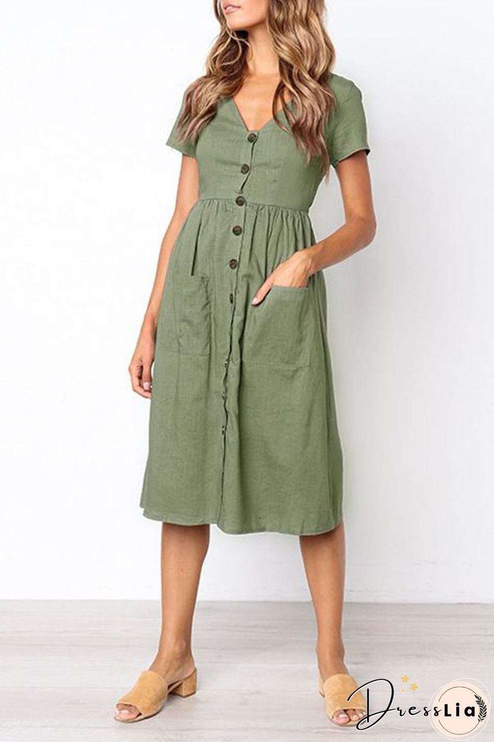 V-neck Pocket Midi Dress(4 Colors)