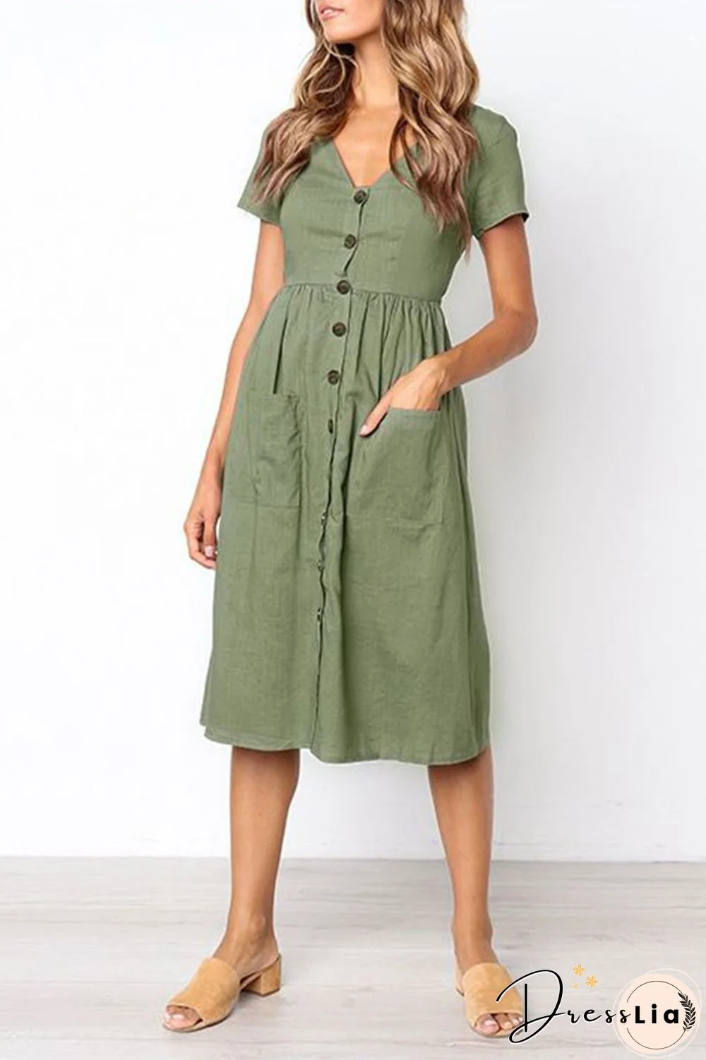 V-neck Pocket Midi Dress(4 Colors)