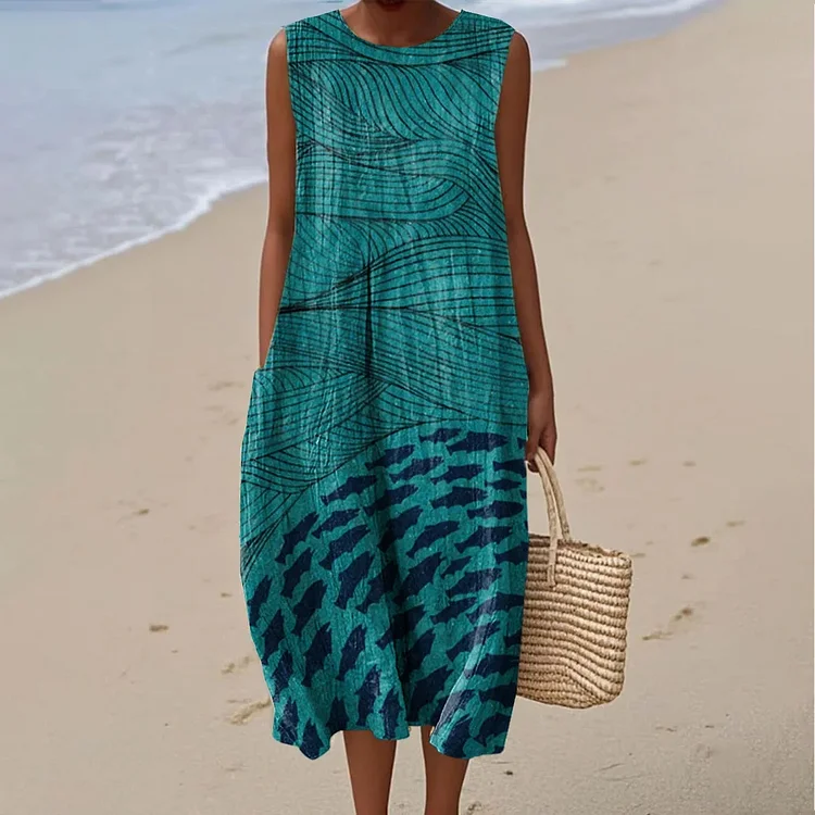 Simpfit Damen Ocean Fish Art Nachahmung aus Baumwolle und Leinen-Tankkleid