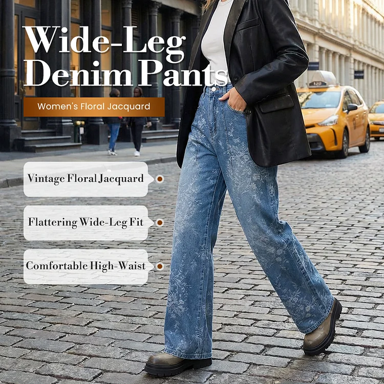 Pantaloni in denim a gamba larga jacquard floreale da donna