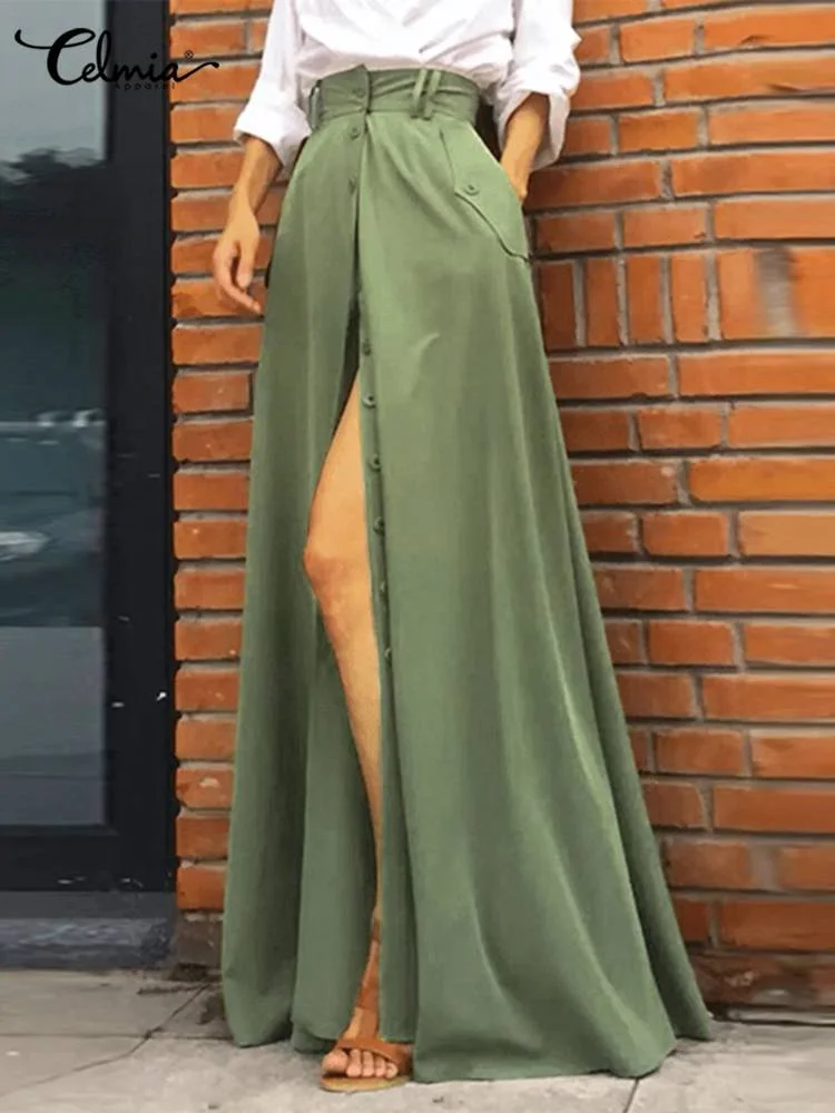 Celmia 2022 A-line Swing Long Skirt Women High Waist Maxi Skirts Elegant Buttons Up Pocket Faldas Fashion Office Lady Solid Jupe
