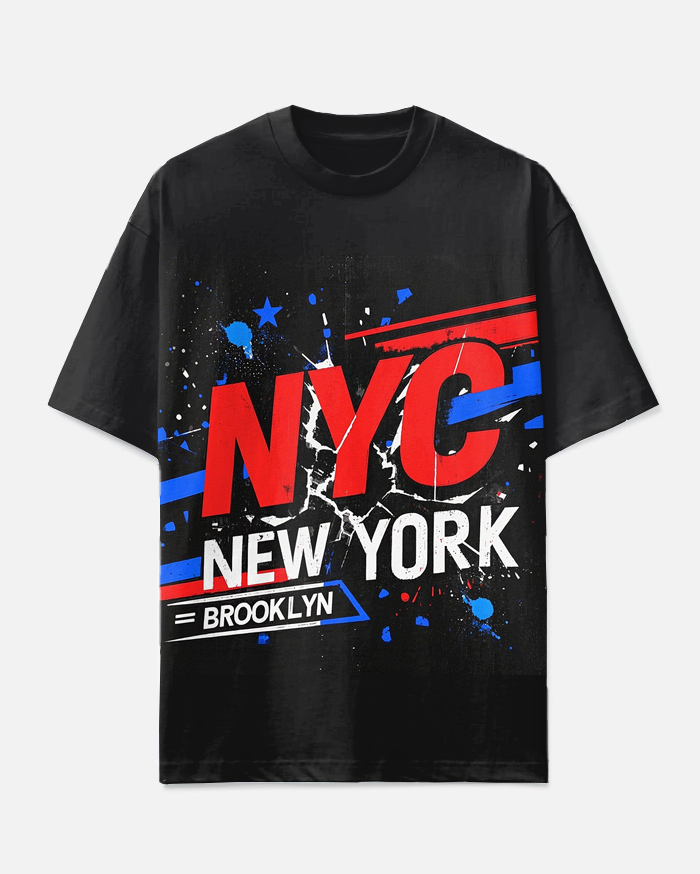 Big Men's Ink Splash Fashion NYC Red & Blue Color Block Printed Short Sleeve T-shirt