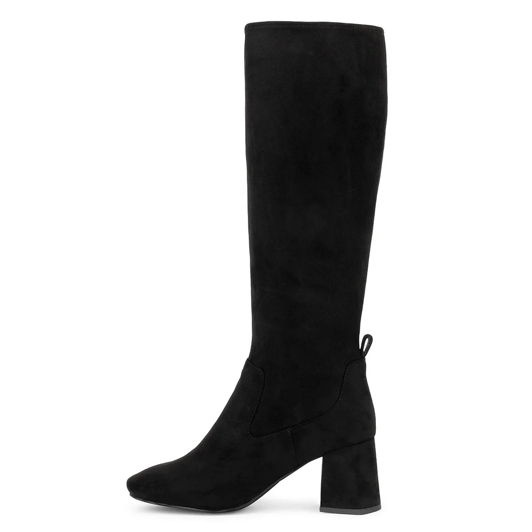 Black Vegan Suede Round Toe Chunky Heel Knee High Boots with Zipper