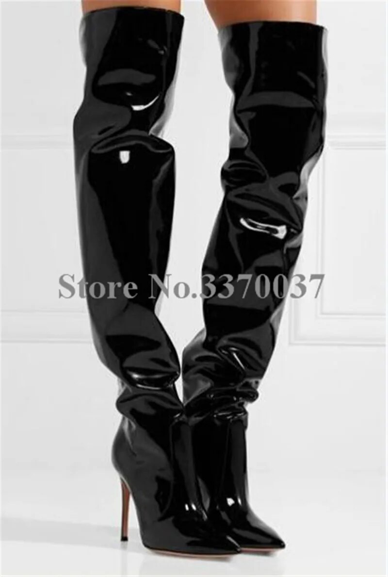 VCSHOES Women Patent Leather Over Knee High Heel Boots Pointed Toe Black Long Boots Dress Shoes