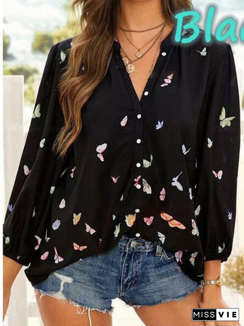 Women Casual Long Sleeve Shirt Collar Floral Printed Tops
