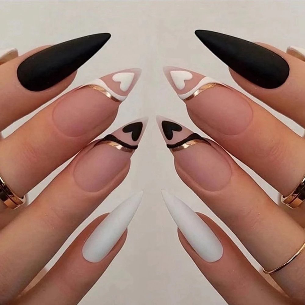 Agreedl Black And White Love Heart Color Almond Fake Nails Gold Thread Stiletto Fake Nails Full Cover Manicure Tool 24Pcs