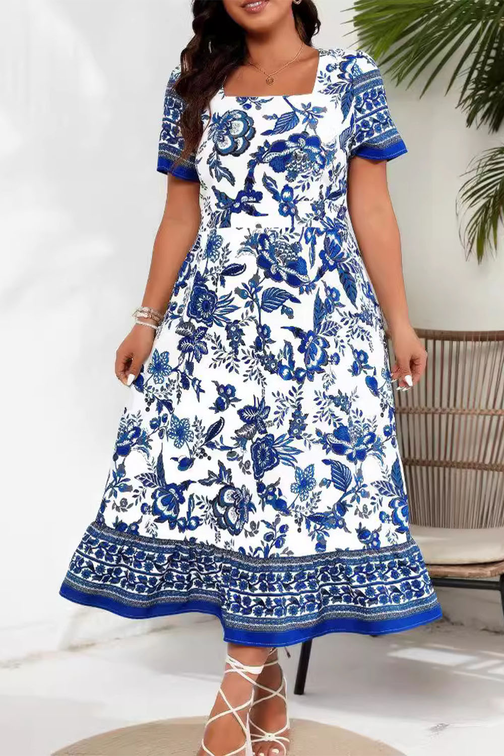 Plus Size Everyday Blue Floral Plant Print Square Neck Midi Dress 2024 - Flycurvy 