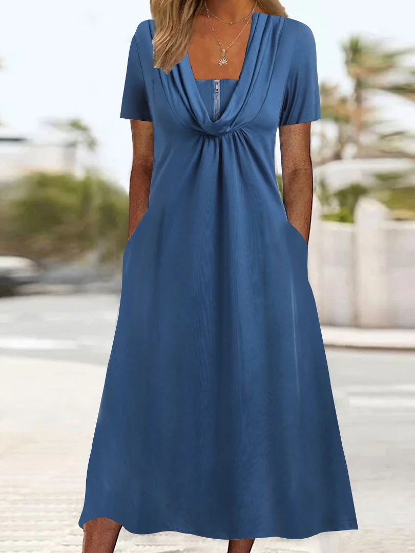 Women's Short Sleeve U-neck Solid Color Zipper Pockets Midi Dress