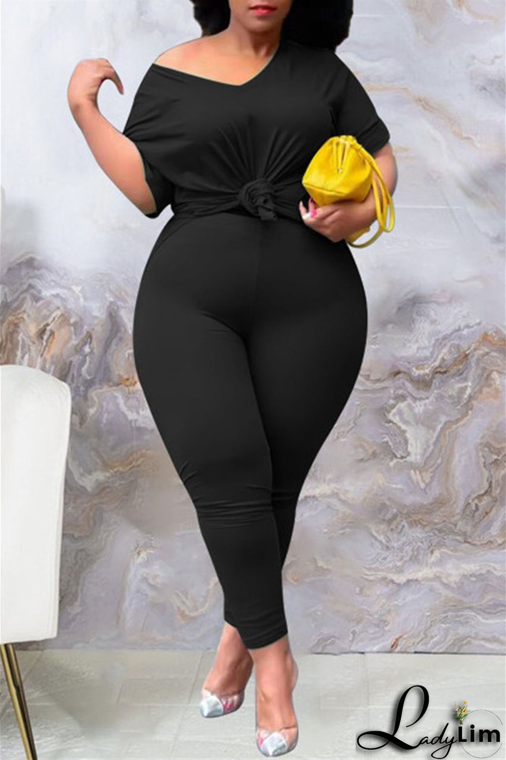 Tibetan Blue Fashion Casual Solid Slit V Neck Plus Size Two Pieces