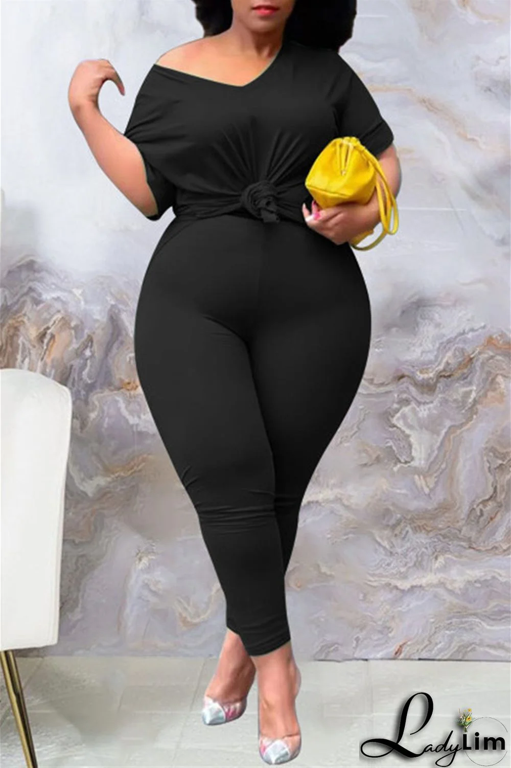 Tibetan Blue Fashion Casual Solid Slit V Neck Plus Size Two Pieces