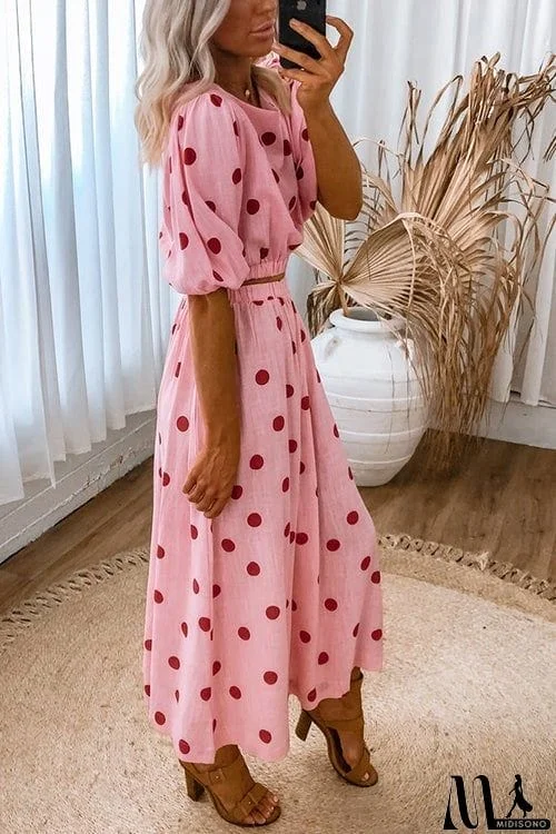 MidiSono - Polka Dot Puff Sleeve Maxi Skirts Set