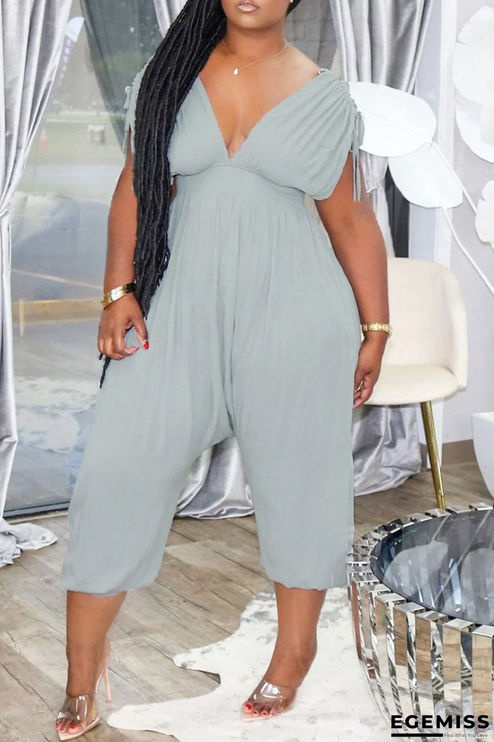 Grey Fashion Casual Solid Draw String V Neck Regular Jumpsuits | EGEMISS