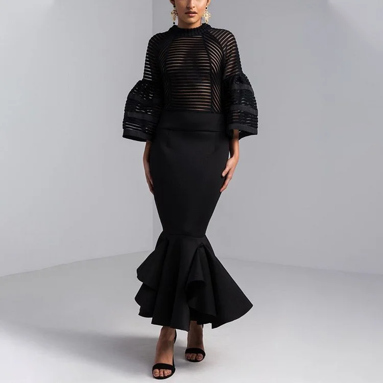 Fashion Mesh Stitching Flared Sleeve Ruffle Dress