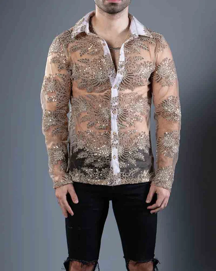 Men's fashionable and sexy see-through lapel long-sleeved shirt