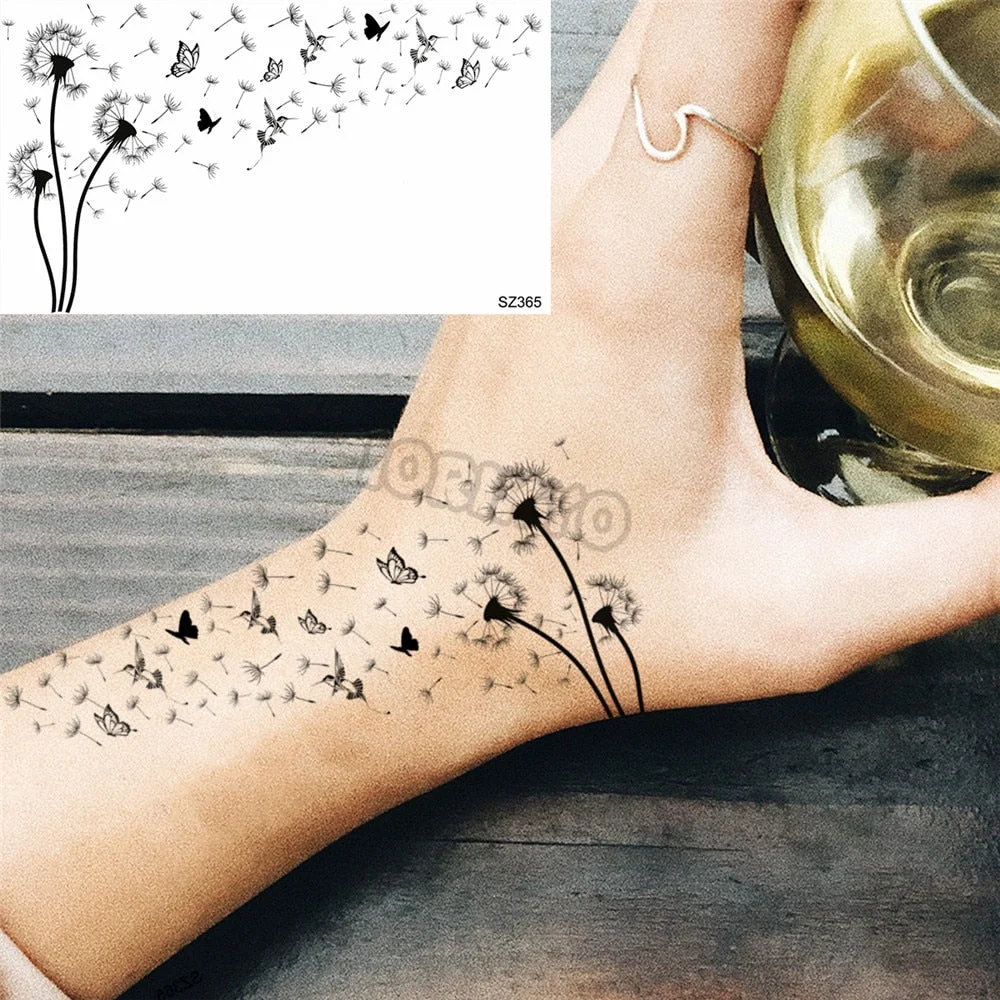 Black Pencil Sketch Henna Lotus Temporary Tattoos For Women Girls Realistic Planet Dandelion Fake Tattoo Sticker Back Arm Tatoos