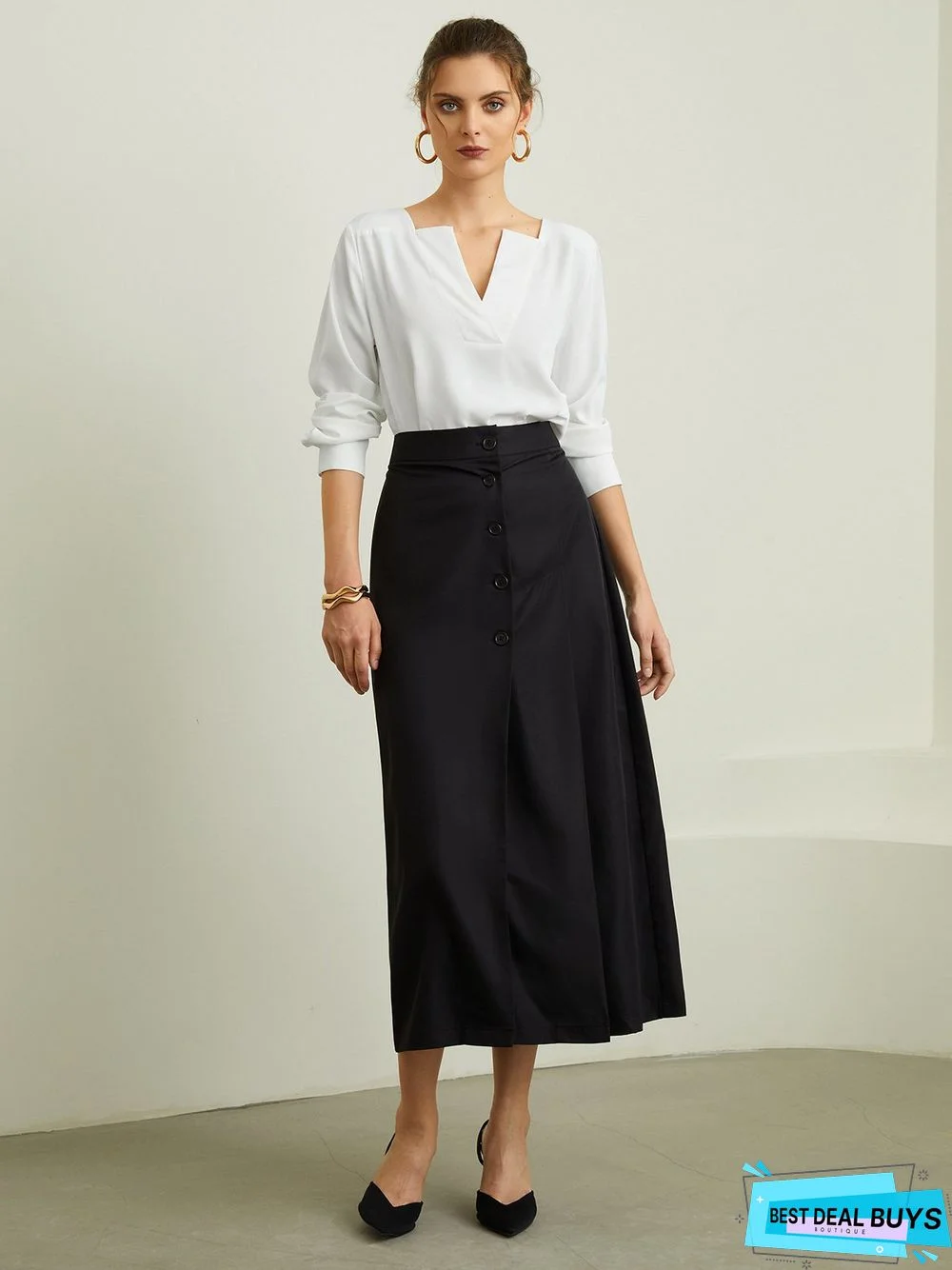 White Daily Long sleeve Plain V Neck Simple Blouse