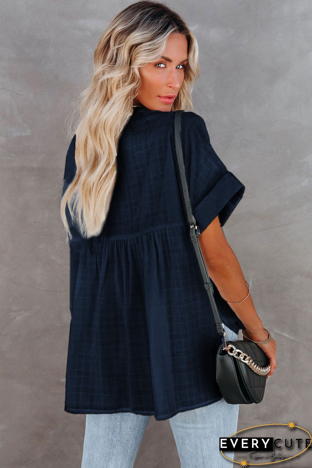 Navy Plaid Print Loose V Neck Short Sleeve Shirt with Slits