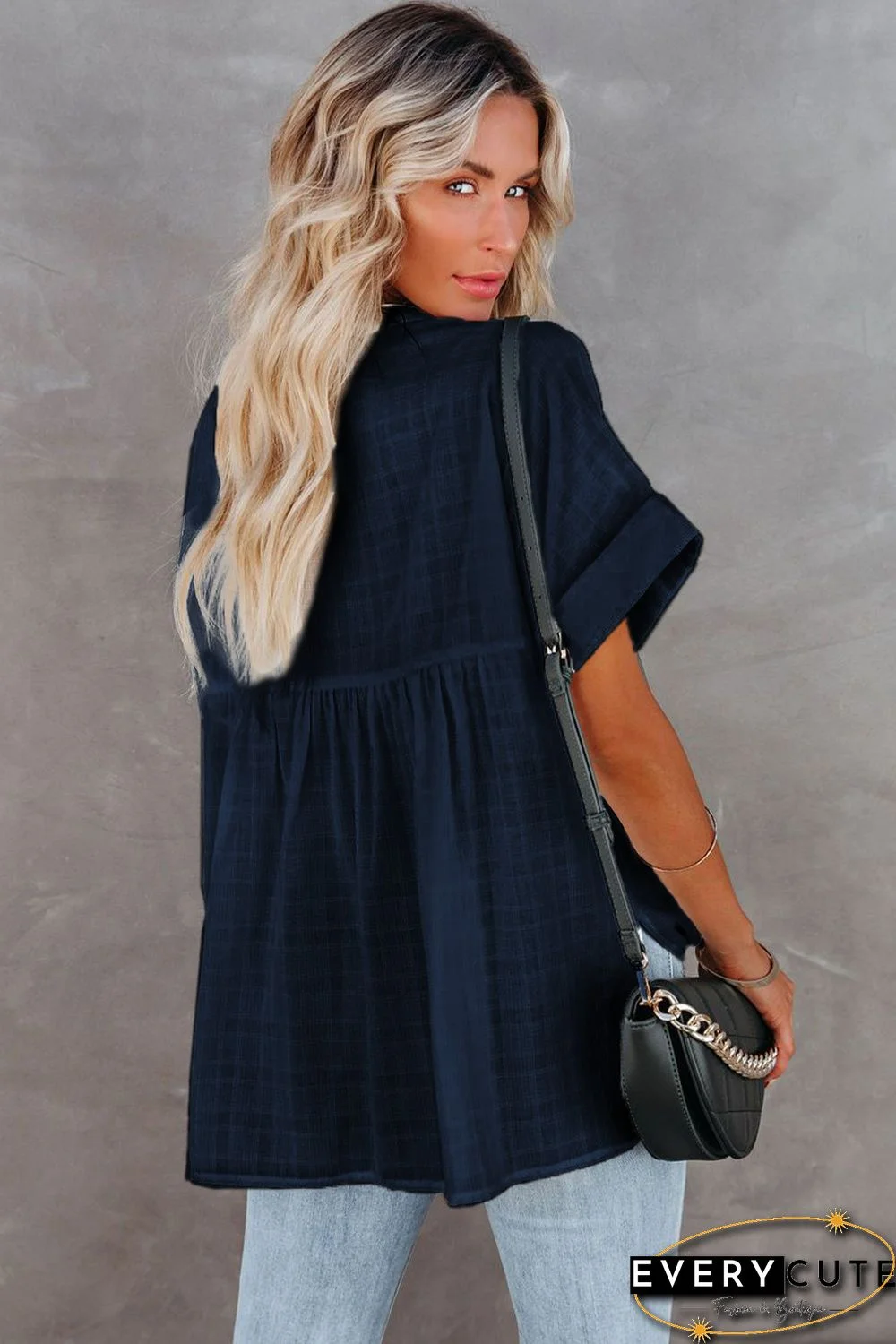 Navy Plaid Print Loose V Neck Short Sleeve Shirt with Slits