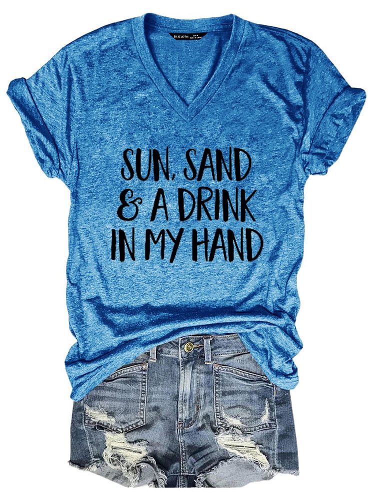 Bestdealfriday Sun Sand And A Drink In My Hand Graphic V Neck Tee