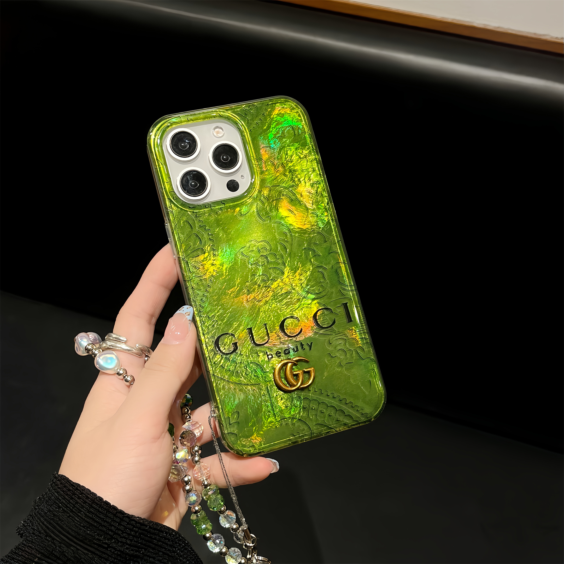 Captivating Green Floral Texture Gucci Ophidia GG Metal Label Apple iPhone Case