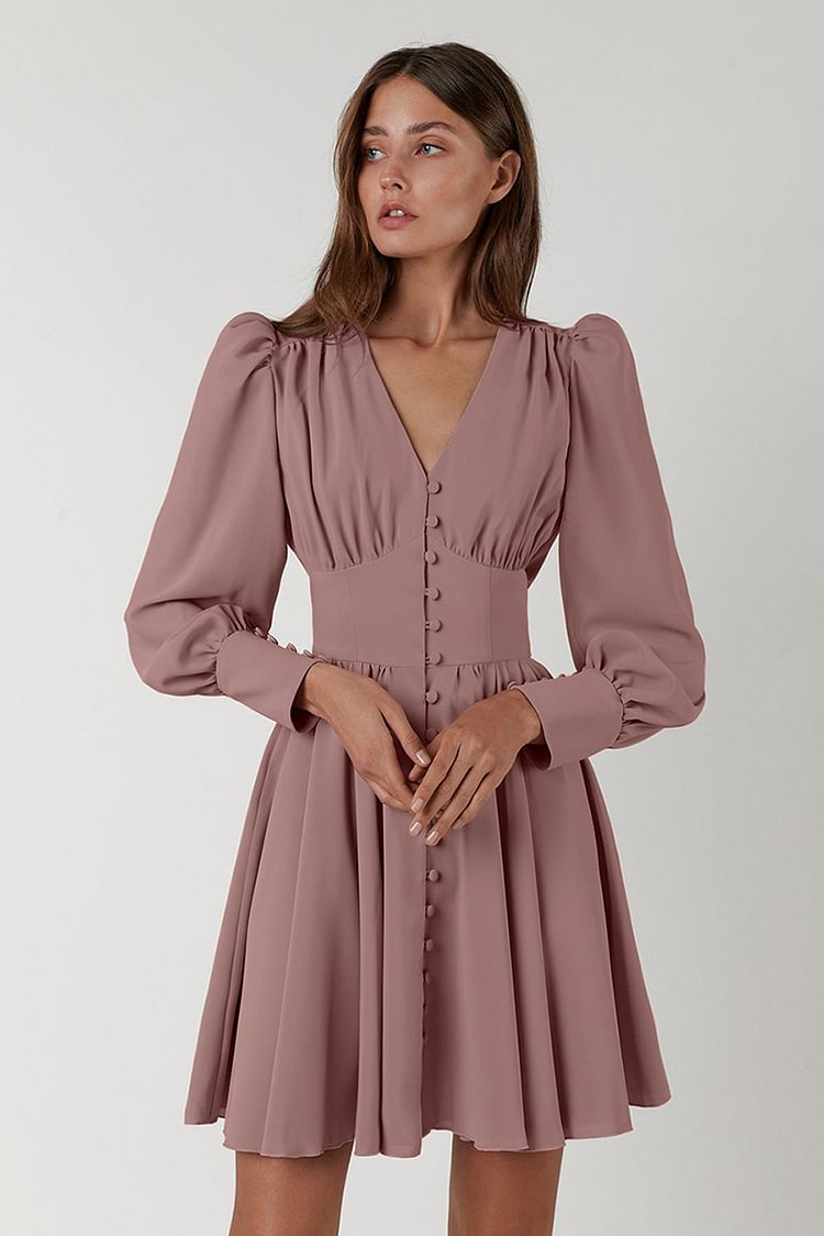 V Neck Pleated Button Long Sleeve Mini Dresses